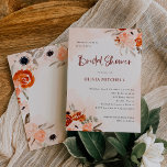 Rustige Oranje Boho Waterverf Blush Vrijgezellenfe Kaart<br><div class="desc">Deze prachtige bruiddoucheuitnodigingen zijn voorzien van trendy boho stijl en elegante bogundy kalligrafie. Rustige bohemiene bouquets van sinaasappel, perziken, brij en taupe bloemen en neutrale botanische bladeren versieren de hoeken, met bijbehorende subtiele waterverven op een zachte, zwarte achtergrond. Hoewel dit bijzonder goed is voor een herfst- of herfstbruiloft, zal dit...</div>
