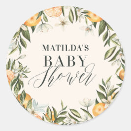 Rustige oranje botanische baby shower van citrusvr ronde sticker