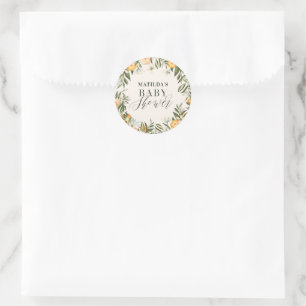 Rustige oranje botanische baby shower van citrusvr ronde sticker