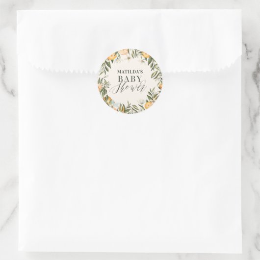 Rustige oranje botanische baby shower van citrusvr ronde sticker (Tas)