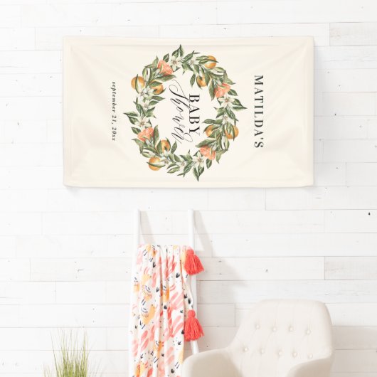 Rustige oranje botanische baby shower van citrusvr spandoek (Insitu)