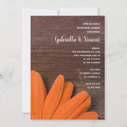 Rustige Oranje Daisy Barn Wedding Rehearsal Dinner Kaart (Voorkant)