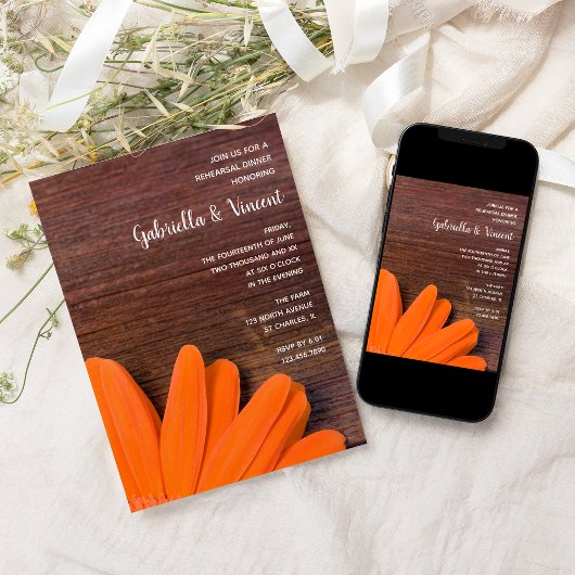 Rustige Oranje Daisy Barn Wedding Rehearsal Dinner Kaart