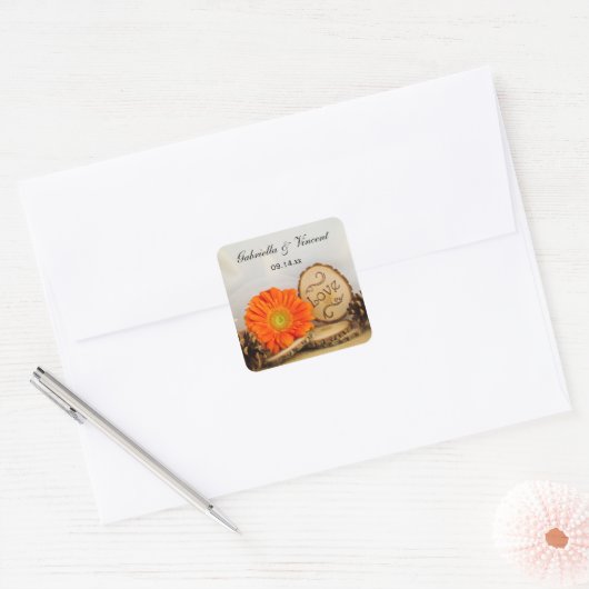 Rustige Oranje Daisy Bossen Wedding Envelope Seal Vierkante Sticker (Envelop)