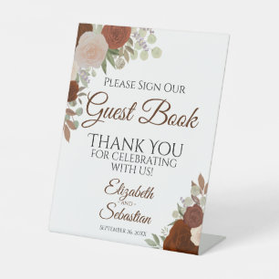 Rustige Oranje Floral Gelieve ons gastboek te onde Reclamebord Met Voetstuk