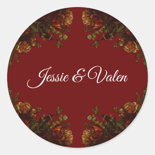 Rustige Oranje Rode Herfst Elegant Gothic Wedding Ronde Sticker (Voorkant)