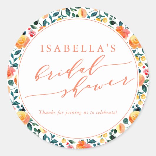 Rustige Oranje Waterverf Floral Vrijgezellenfeest Ronde Sticker (Voorkant)