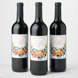 Rustige Oranje Waterverf Floral Vrijgezellenfeest Wijn Etiket