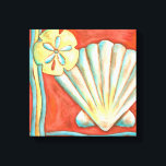 Rustige Oranje zeeschelpen Canvas Afdruk<br><div class="desc">Ga op het warme zand liggen en zoek de verborgen schatten. Dit schilderij van Nancy Slocum beschrijft het prachtige waterleven dat aan land werd gevonden. Het vangt de mooie oranje zeeslag,  een oranje zeester en een levendige blauwe zanddollar. Haal vandaag je mooie oceaankunst op je volgende Zazzle-product.</div>