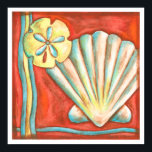 Rustige Oranje zeeschelpen Poster<br><div class="desc">Ga op het warme zand liggen en zoek de verborgen schatten. Dit schilderij van Nancy Slocum beschrijft het prachtige waterleven dat aan land werd gevonden. Het vangt de mooie oranje zeeslag,  een oranje zeester en een levendige blauwe zanddollar. Haal vandaag je mooie oceaankunst op je volgende Zazzle-product.</div>