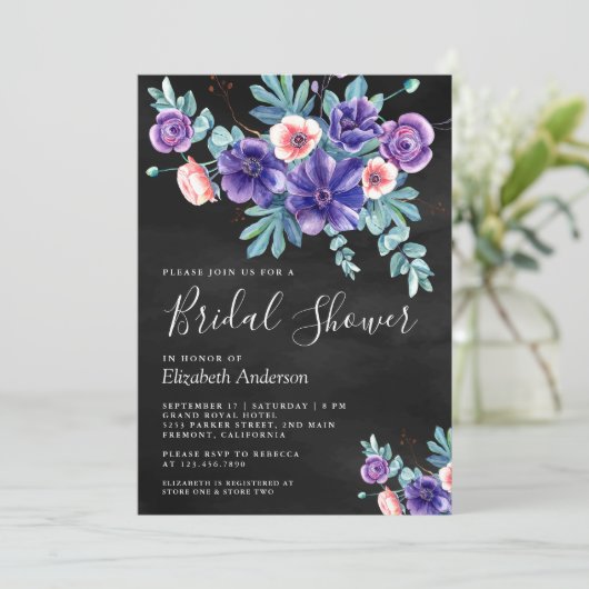 Rustige Paarse Anemones Bouquet Black Vrijgezellen Kaart (Staand voorkant)