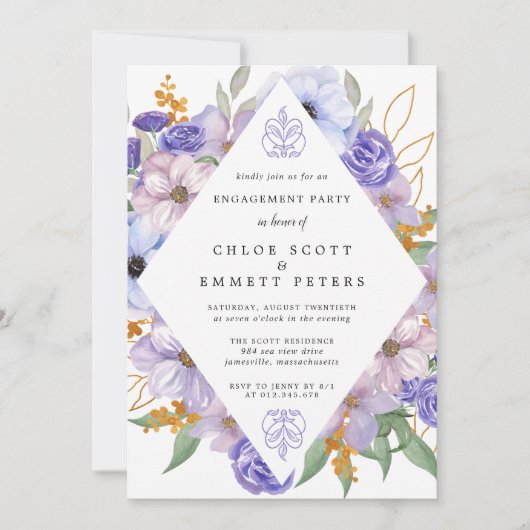 Rustige Paarse Blue Gold Floral Engagement Party Kaart (Voorkant)