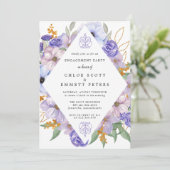 Rustige Paarse Blue Gold Floral Engagement Party Kaart (Staand voorkant)