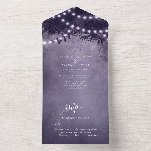 Rustige Paarse Boom String Lights Wedding All In One Uitnodiging (Binnen)
