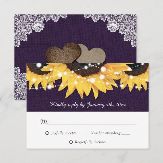 Rustige Paarse Burlap-zonnebloemkaart RSVP-kaart RSVP Kaartje (Voorkant / Achterkant)
