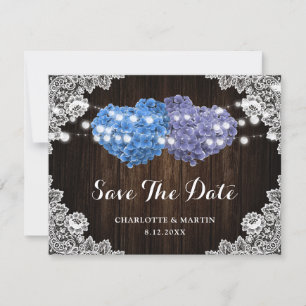 Rustige paarse en blauwe bloemige bruiloft save the date