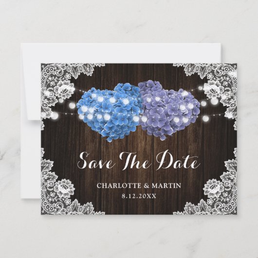 Rustige paarse en blauwe bloemige bruiloft save the date (Voorkant)