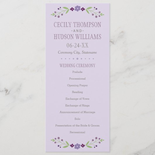 Rustige Paarse en groene Floral Wedding Programmakaart (Voorkant)