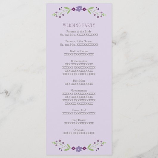 Rustige Paarse en groene Floral Wedding Programmakaart (Achterkant)