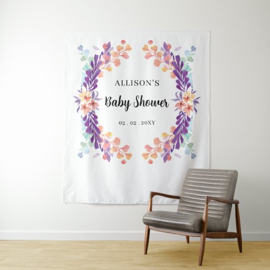 Rustige Paarse Floral Baby shower achtergrond Wandkleed (In situ)