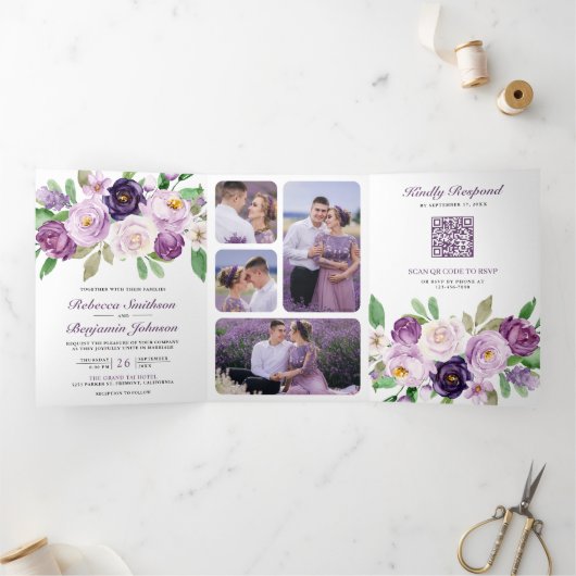 Rustige Paarse Floral in één QR-code bruiloft Drieluik Uitnodiging (Binnen)