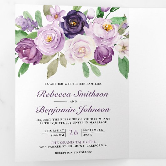 Rustige Paarse Floral in één QR-code bruiloft Drieluik Uitnodiging (Binnenzijde eerst)