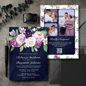 Rustige Paarse Floral Navy Blue QR Code Weddenscha Kaart