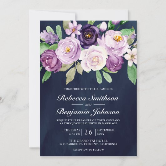 Rustige Paarse Floral Navy Blue QR Code Weddenscha Kaart (Voorkant)