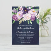 Rustige Paarse Floral Navy Blue QR Code Weddenscha Kaart (Staand voorkant)