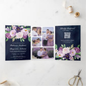 Rustige Paarse Floral QR Code Navy Blue Wedding Drieluik Uitnodiging (Binnen)