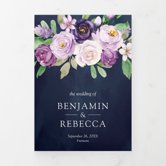 Rustige Paarse Floral QR Code Navy Blue Wedding Drieluik Uitnodiging (Cover)