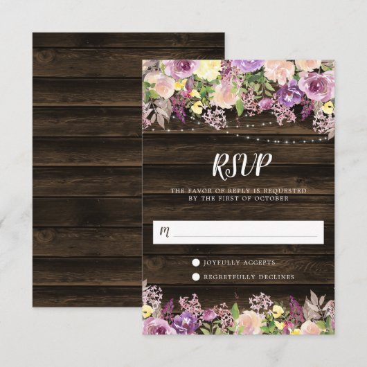 Rustige Paarse Floral String Lights RSVP Kaartje (Voorkant / Achterkant)