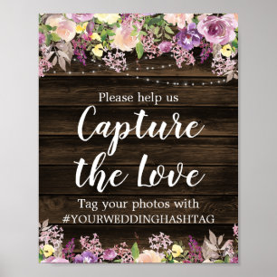 Rustige Paarse Floral String Lights Wedding Hashta Poster