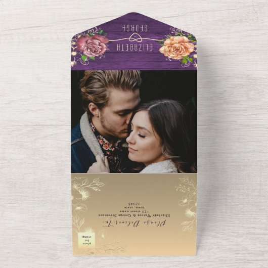 Rustige Paarse Floral Wedding All In One Uitnodiging (Buitenkant)