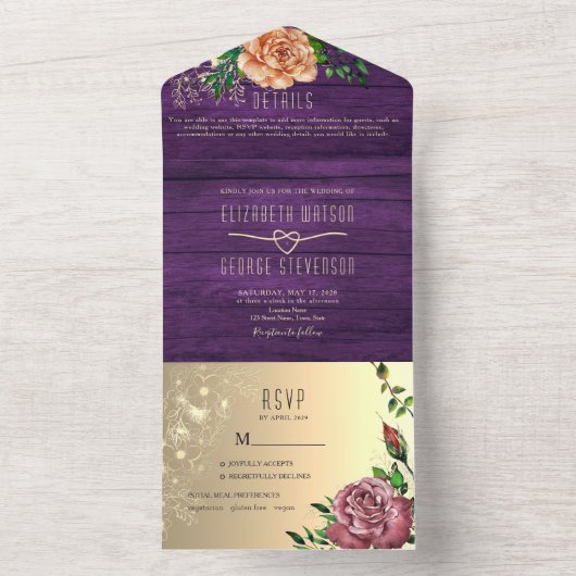 Rustige Paarse Floral Wedding All In One Uitnodiging (Binnen)
