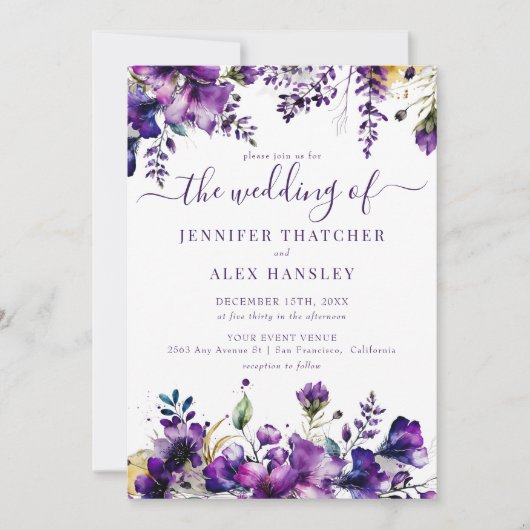 Rustige Paarse Floral Wedding Kaart (Voorkant)