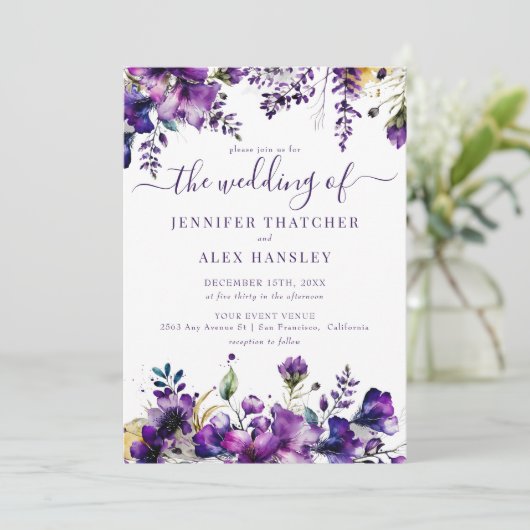 Rustige Paarse Floral Wedding Kaart (Staand voorkant)