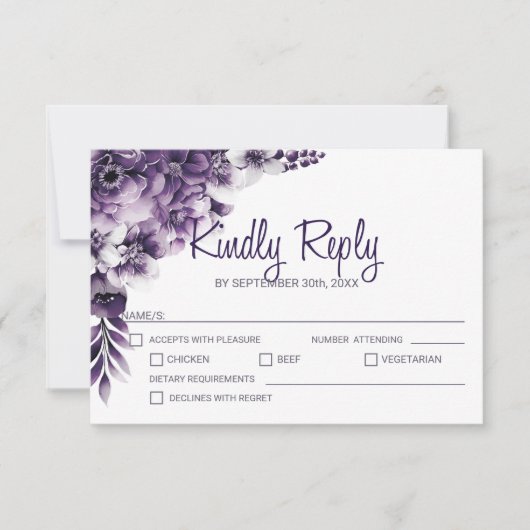 Rustige Paarse Floral Wedding RSVP Kaartje (Voorkant)