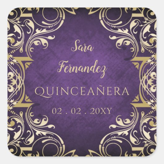 Rustige Paarse goudlegant Quinceanera Vierkante Sticker (Voorkant)