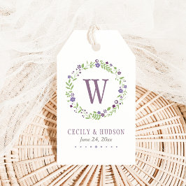 Rustige Paarse groene Floral Wreath Wedding Monogr Cadeaulabel