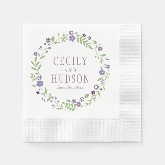 Rustige Paarse groene Floral Wreath Wedding Monogr Servet (Voorkant)