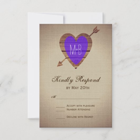 Rustige Paarse Heart Arrow Wedding RSVP-kaarten RSVP Kaartje (Voorkant)