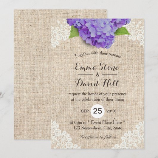 Rustige Paarse Hydrangea Floral Lace Burlap Weddin Kaart (Voorkant / Achterkant)