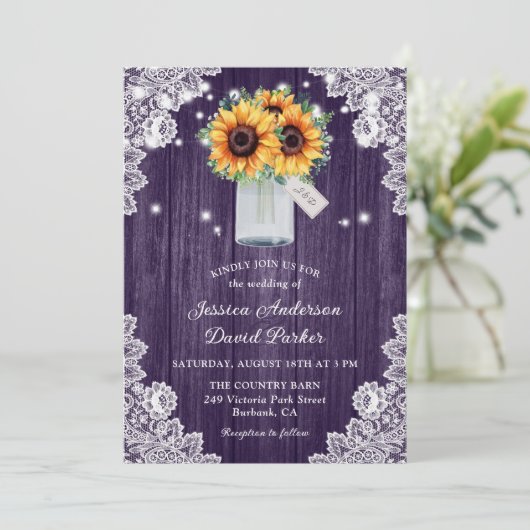 Rustige Paarse Lace Mason Jar Sunflower Wedding Kaart (Staand voorkant)