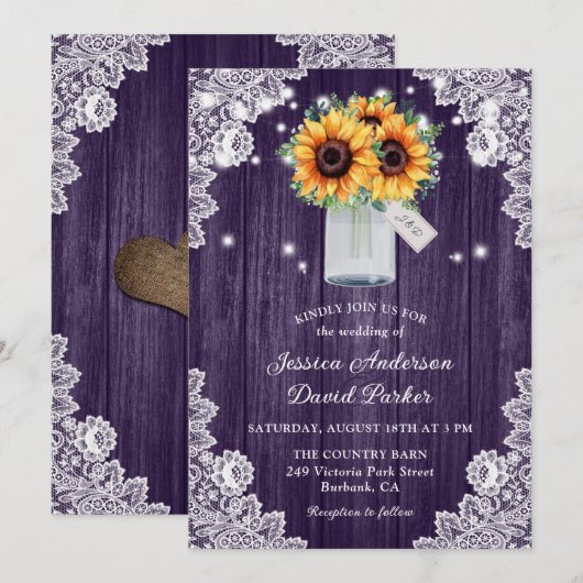 Rustige Paarse Lace Mason Jar Sunflower Wedding Kaart (Voorkant / Achterkant)