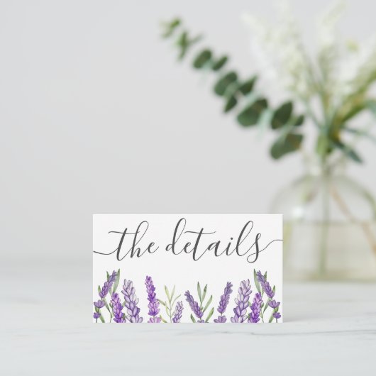 Rustige Paarse lavender Wedding Details Informatiekaartje (Staand voorkant)