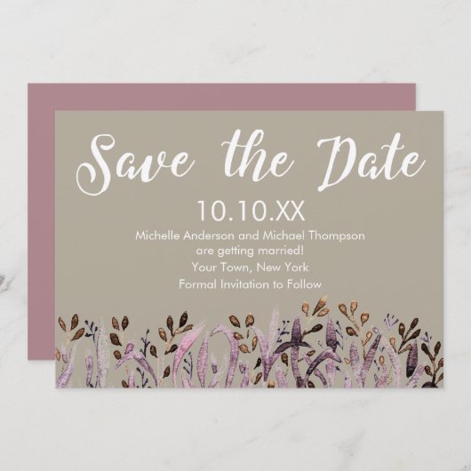 Rustige Paarse Leaf Save the Date Kaart (Voorkant / Achterkant)