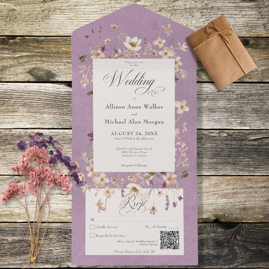 Rustige Paarse Lijst van wilde bloemen QR-code All In One Uitnodiging