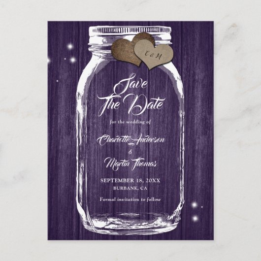 Rustige Paarse Mason Jar Fall Wedding Save the Dat Aankondigingskaart (Voorkant)