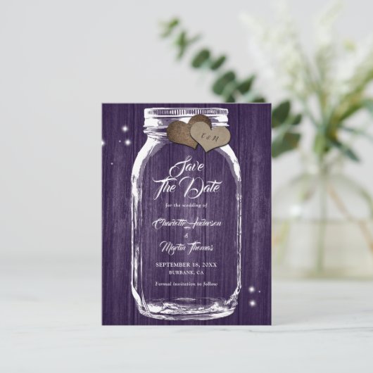 Rustige Paarse Mason Jar Fall Wedding Save the Dat Aankondigingskaart (Staand voorkant)
